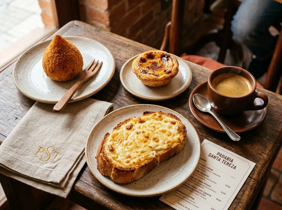 Mesa de café e delícias da Padaria Santa Tereza